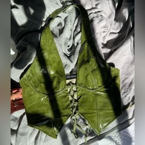 Princess Polly Olive Washed Faux Leather Lace Up Plunge Halterneck Top